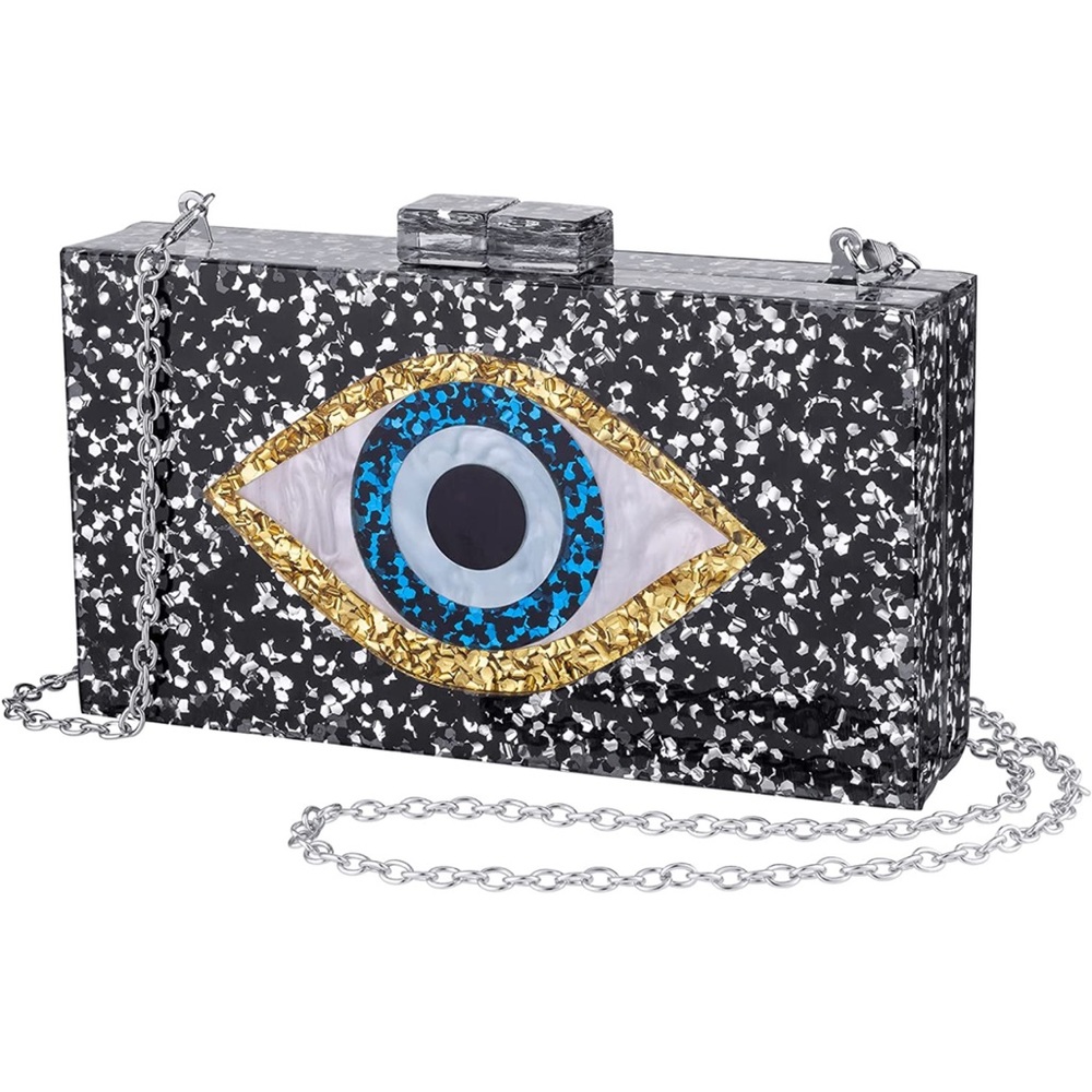 Glitter Eye Acrylic Clutch - Silver & White 🧿